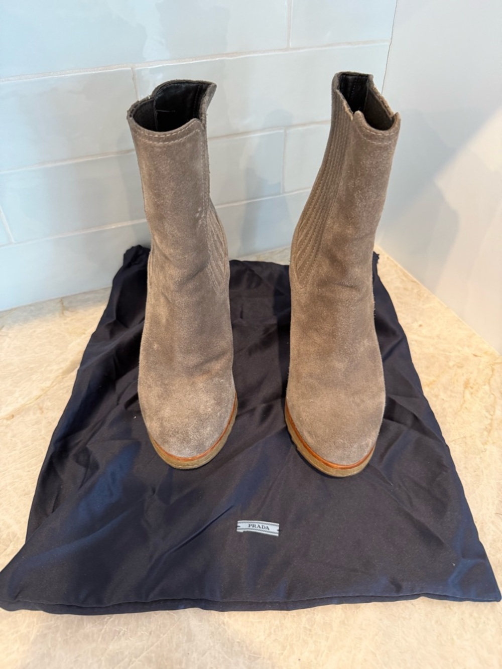 Prada Brown Suede Boots with Red Logo Insole